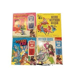 4 Books & Records Vintage Lot Fred Flintstone, Wizard of Oz, Mother Goose Disney